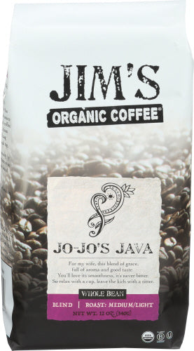 Jim's Organic Coffee - Whole Bean Medium Light Roast Jo-Jo's Java, 12 Oz | Pack of 6