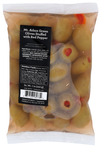 Divina - Mt. Athos Green Olives Stuffed with Red Pepper, 7 Oz | Pack of 18