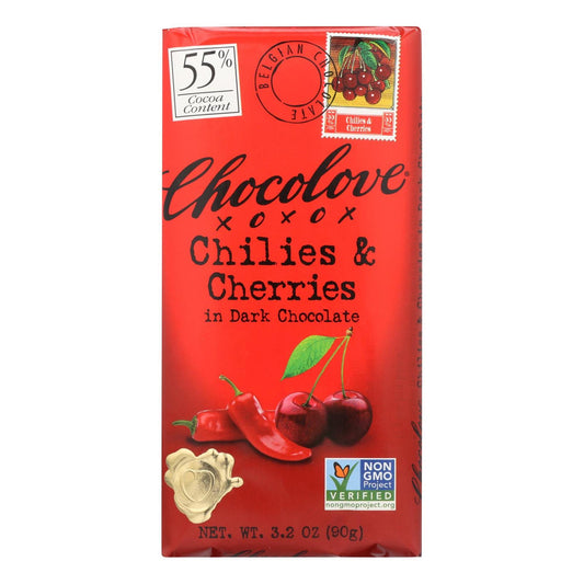 Chocolove - Chocolate Dark Chilies & Cherry Bar, 3.2 oz - Pack of 12