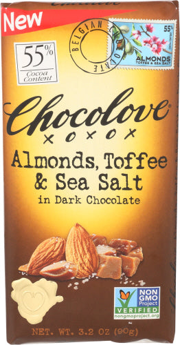 Chocolove - Xoxox Almonds Toffee & Sea Salt in Dark Chocolate, 3.2 Oz - Pack of 12