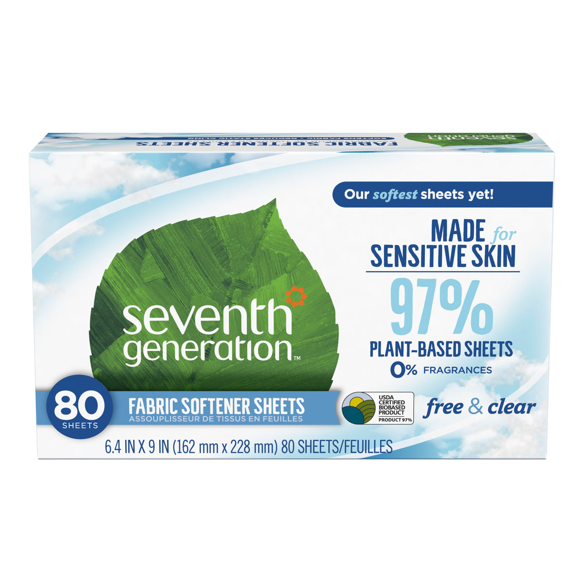 Seventh Generation - Fabric Softener Sheets Free & Clear, 80 Sheets | Pack of 4