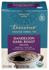 Teeccino - Organic Roasted Herbal Tea, Dandelion Dark Roast, Caffeine Free, 10 Tea Bags, 2.12 oz | Pack of 6