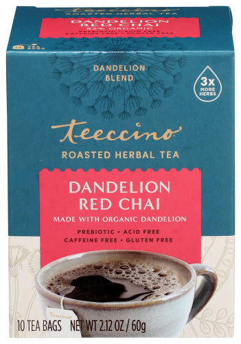 Teeccino - Organic Roasted Herbal Tea, Dandelion Red Chai, 10 Bags | Pack of 6