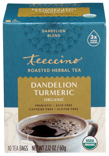 Teeccino - Organic Roasted Herbal Tea, Dandelion Turmeric, 10 Bags | Pack of 6