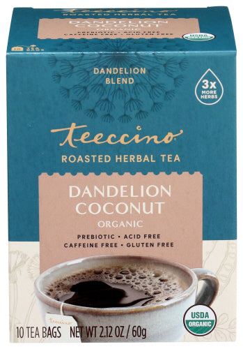 Teeccino - Organic Roasted Herbal Tea, Dandelion Coconut, 10 Bags | Pack of 6