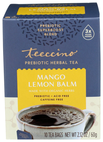 Teeccino - Mango & Lemon Balm Prebiotic Herbal Tea, 10 Count | Pack of 6