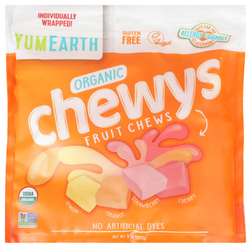 YumEarth - Organic Chewys Fruit Chews, Lemon, Orange, Strawberry, Cherry, 8 oz | Pack of 6