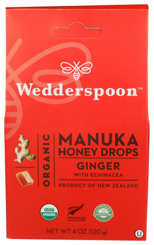 Wedderspoon - Organic Manuka Honey Drops, Ginger with Echinacea, 4 oz | Pack of 6