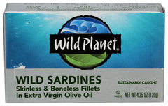 Wild Planet - Wild Sardines Skinless & Boneless Fillets in Extra Virgin Olive Oil, 4.25 oz | Pack of 12