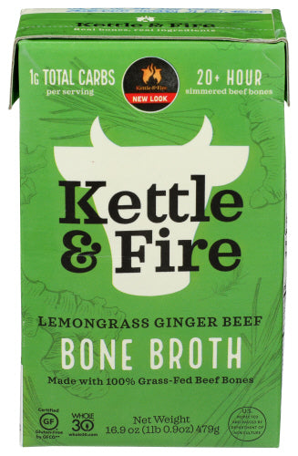 Kettle & Fire - Lemongrass Ginger Beef Bone Broth, 16.9 Oz  | Pack of 6