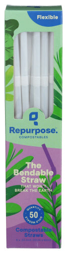 Repurpose - 100% Compostable Bendy Plastic Straws White, 50 Count  | Pack of 20