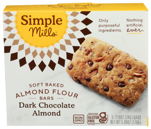 Simple Mills - Soft Baked Dark Chocolate Almond Bar Almond Flour Bars, 5.99 Oz | Pack of 6