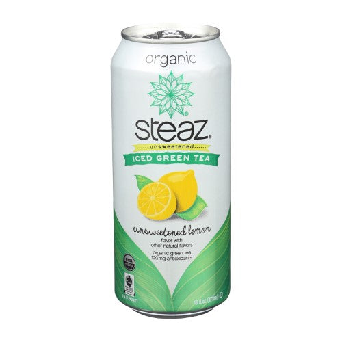 Steaz - Organic Unsweetened Lemon Iced Green Tea, 16 Fl Oz | Pack of 12