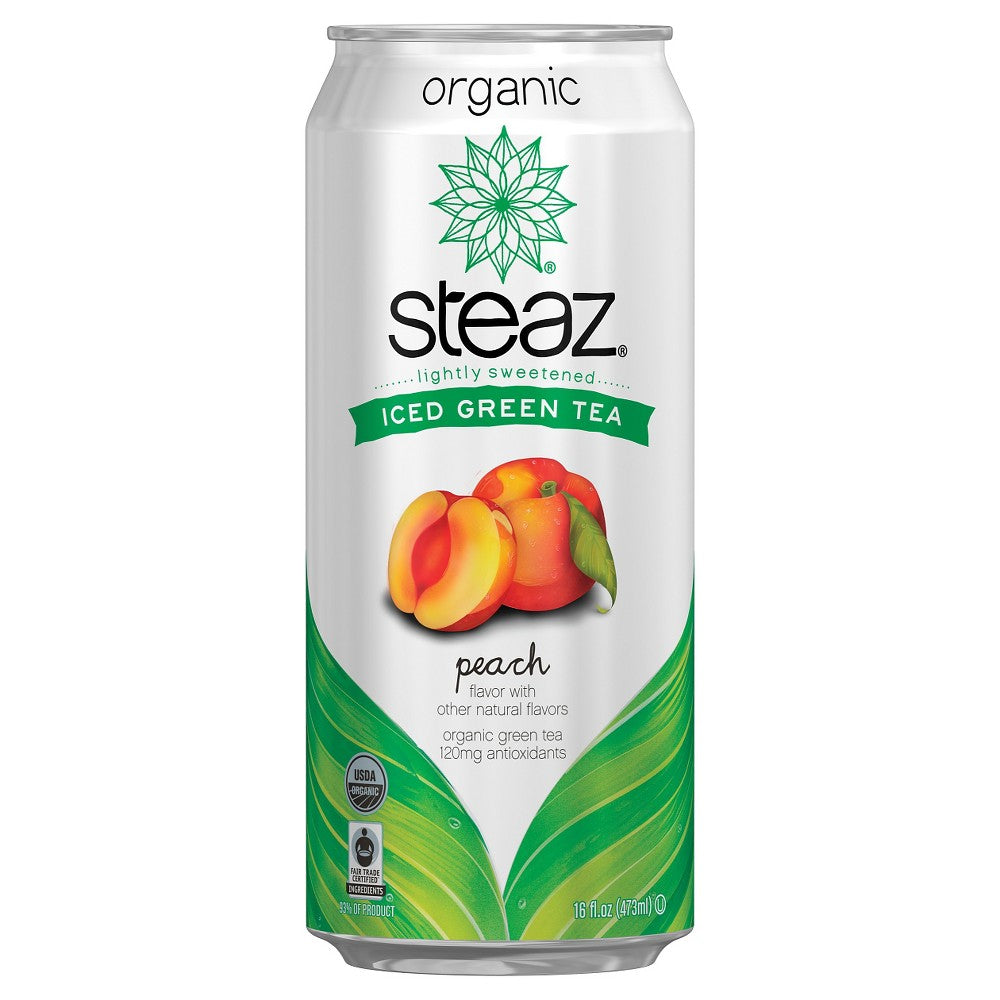 Steaz - Organic Peach Iced Green Tea, 16 Fl Oz | Pack of 12