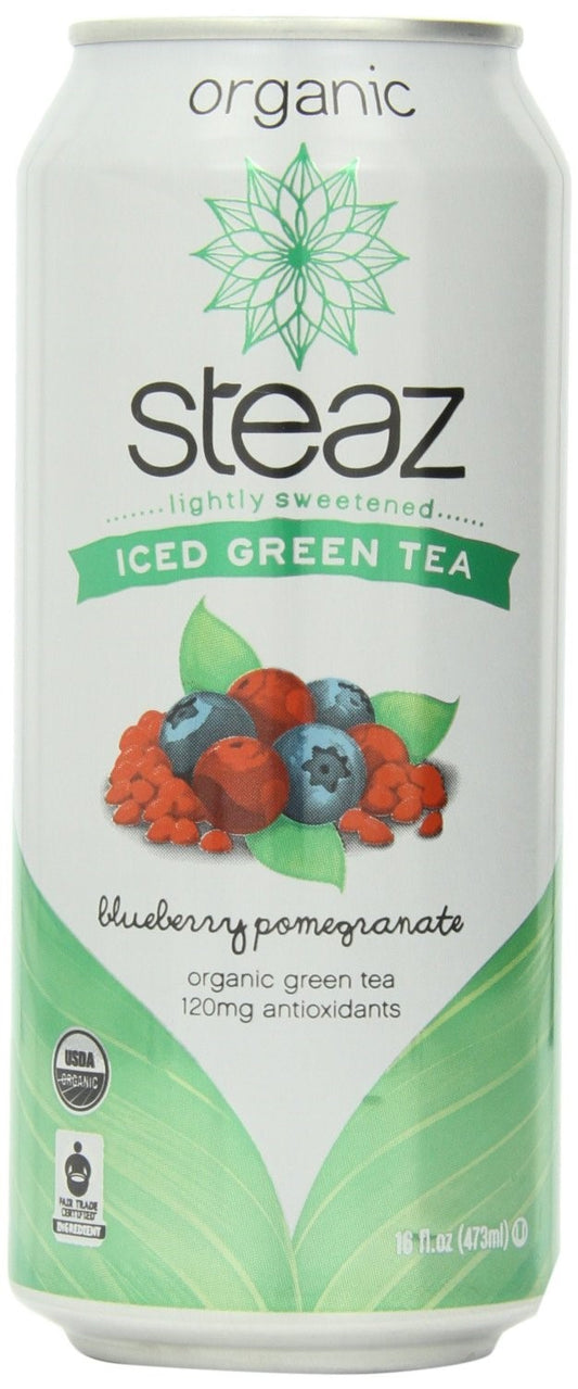 Steaz - Organic Lightly Sweetened Blueberry Pomegranate Iced Green Tea, 16 Fl Oz | Pack of 12