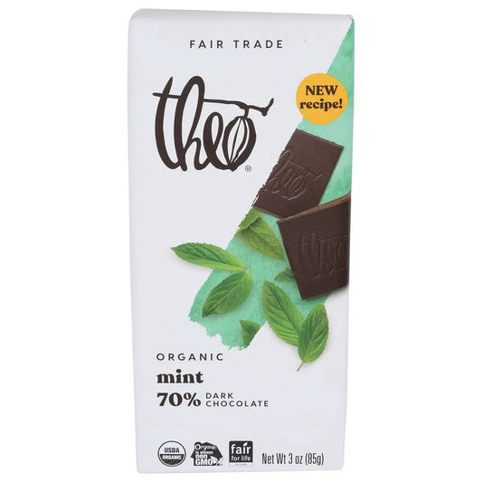 Theo Chocolate - Organic 70% Dark Chocolate Bar Mint, 3 Oz | Pack of 12