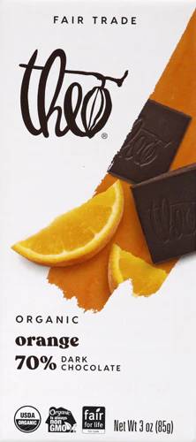 Theo Chocolate - Organic 70% Dark Chocolate Bar Orange, 3 Oz | Pack of 12