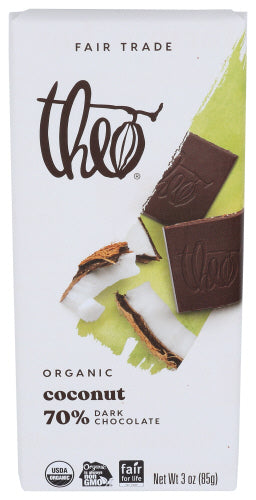 Theo Chocolate - Coconut Organic Dark Chocolate Bar 70% Cacao, 3 Oz | Pack of 12