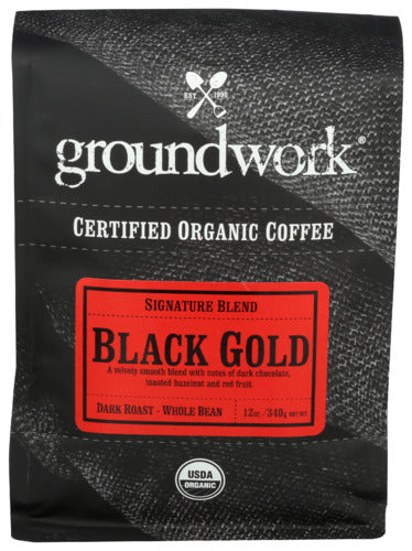 Groundwork Coffe - Organic Black Gold Whole Bean Dark Roast Coffee , 12oz  | Pack of 6