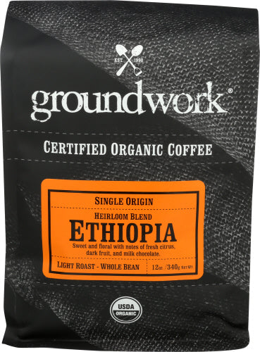 Groundwork Coffee - Organic Ethiopia Whole Bean Light Roast Coffee, 12oz | Pack of 6